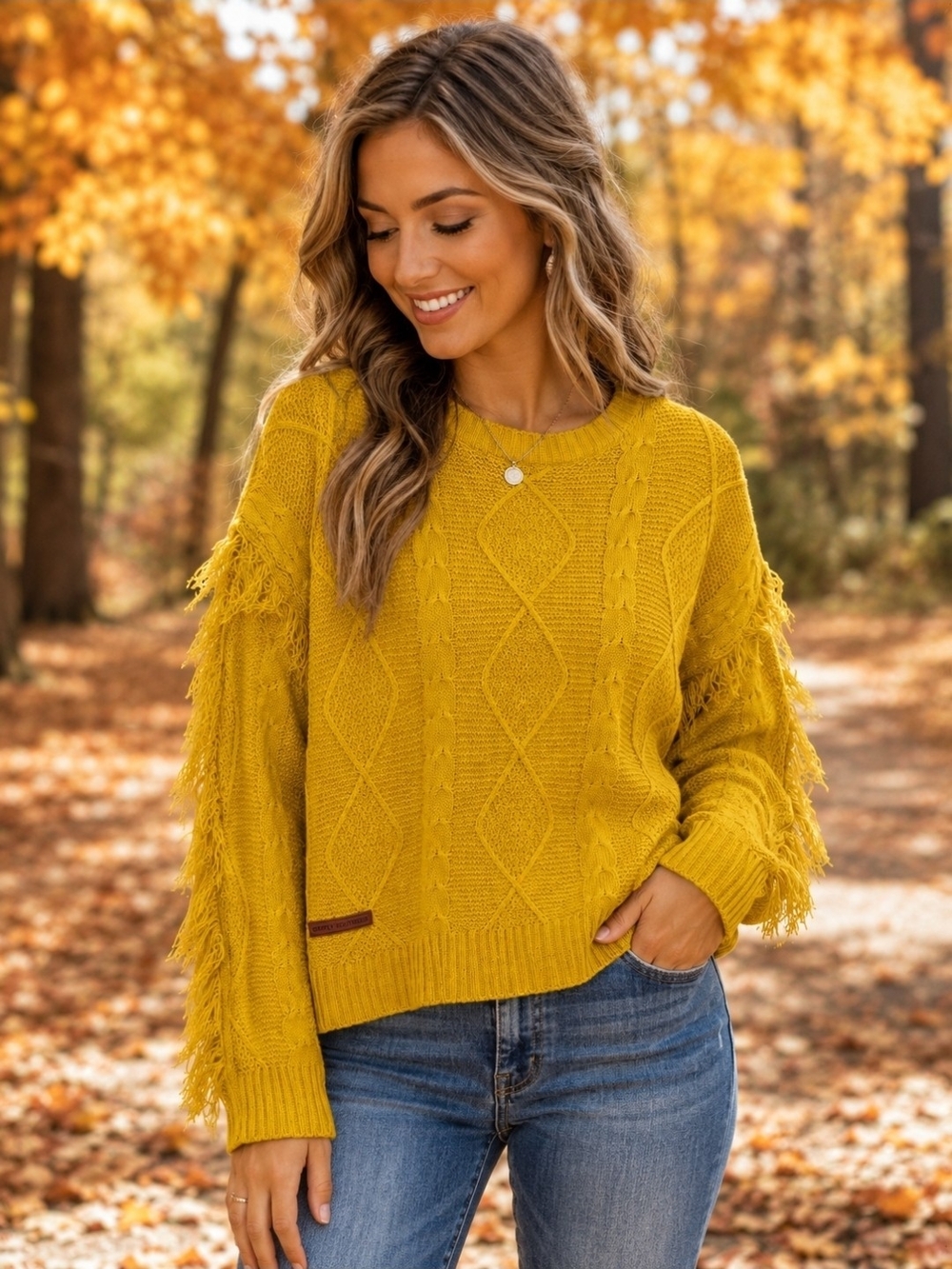 Simply Southern Mustard Fringe Cable Knit Sweater